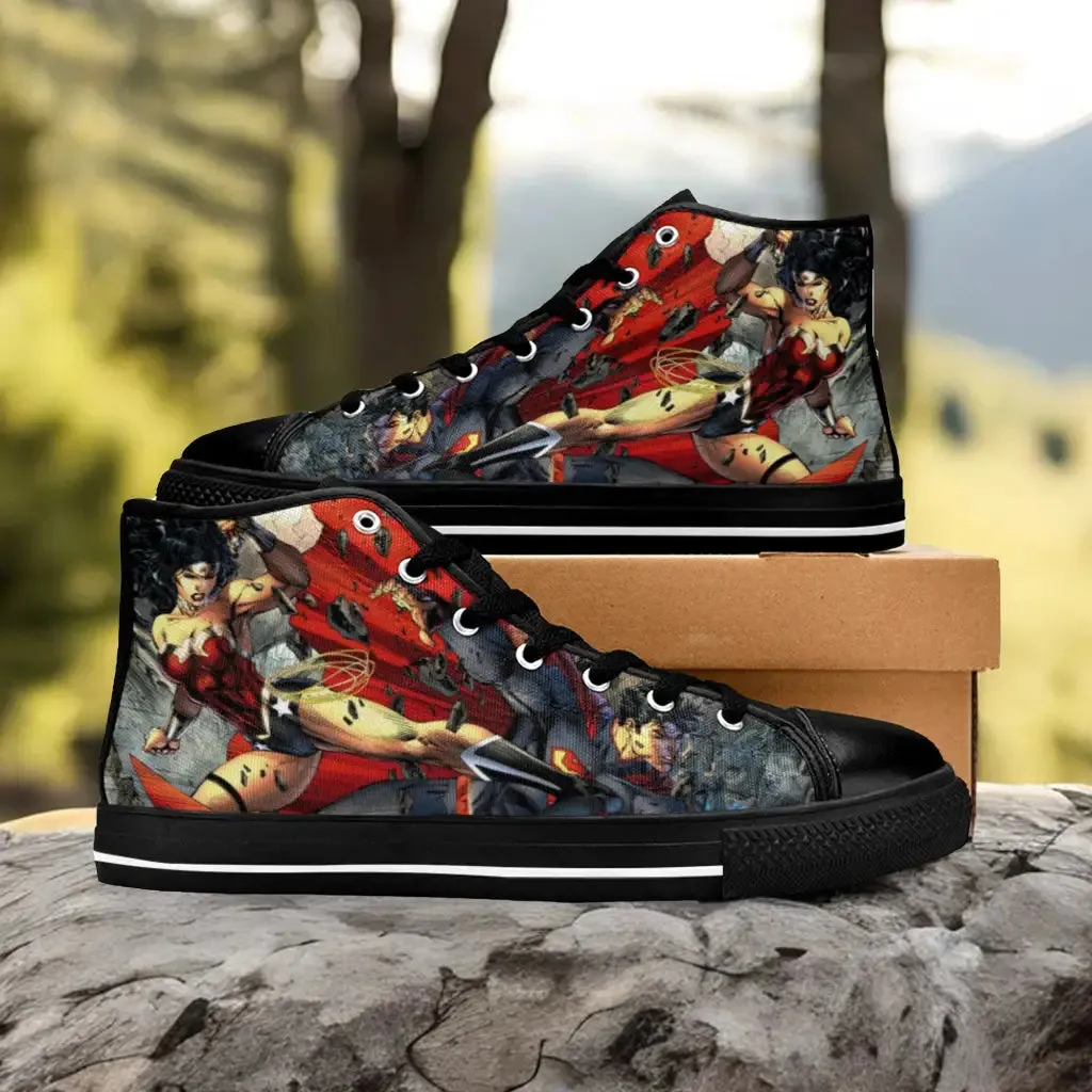 Superhero Wonder Women v Superman Shoes High Top Sneakers for Kids and Adults